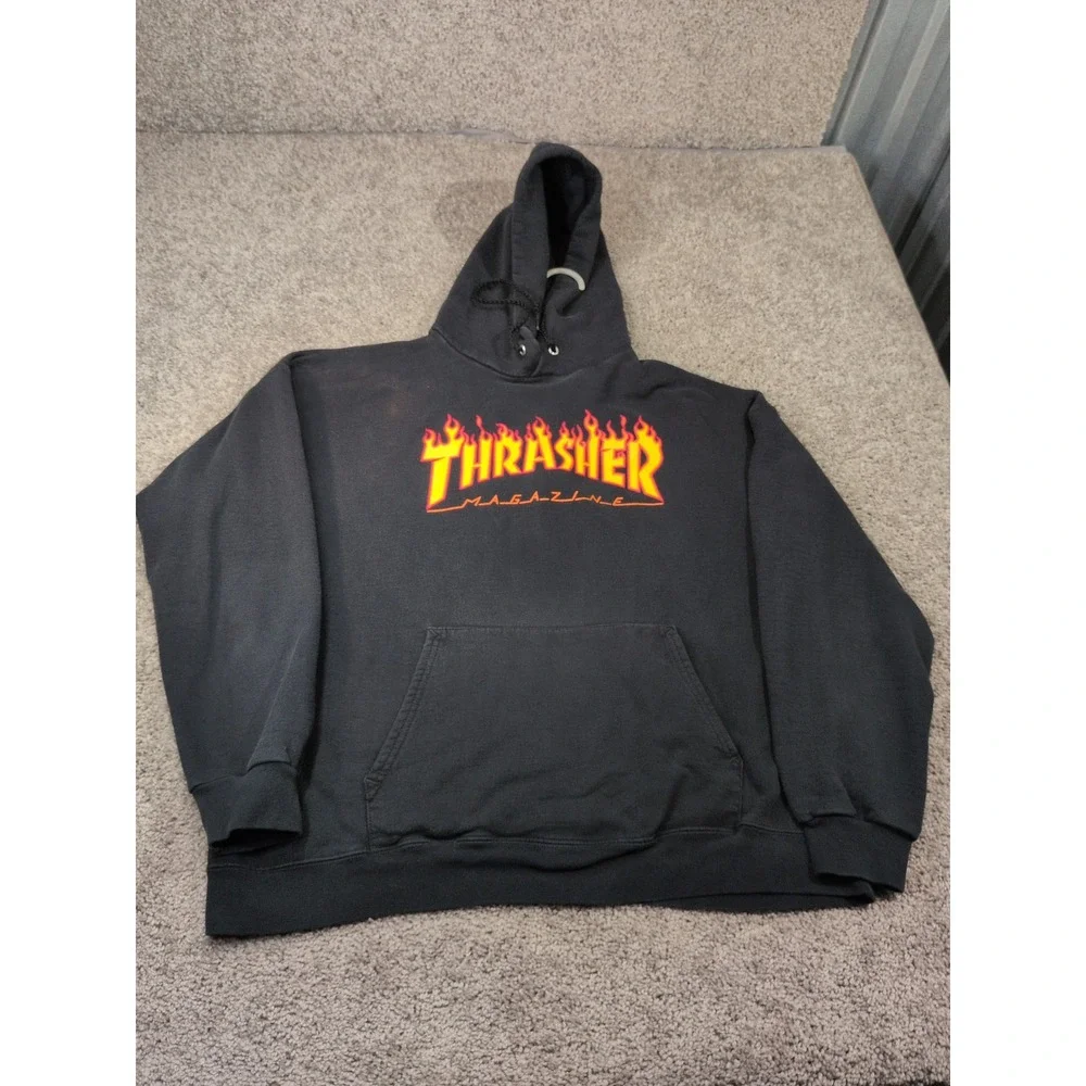 Thrasher Magazine Flame Logo Hoodie Mens Large Black Skate Pullover Sweatshirt